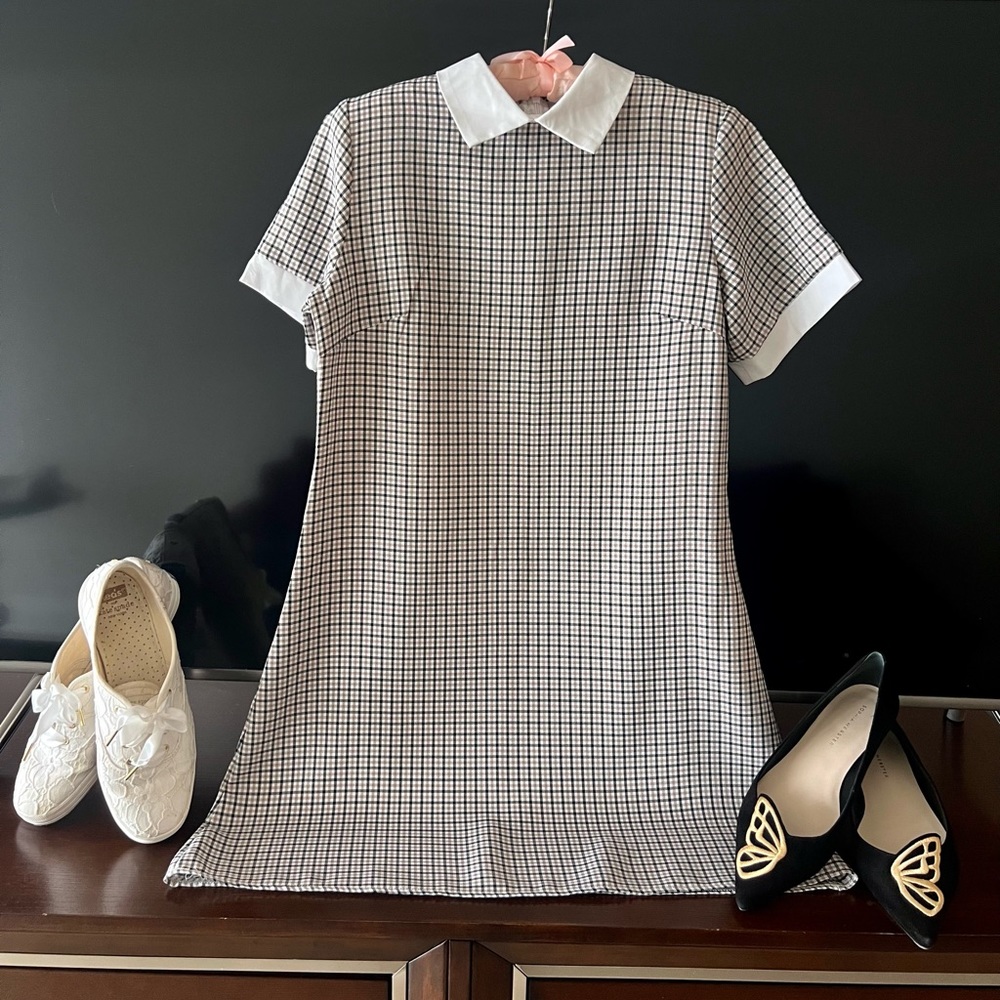 CLASSY SHORT DRESS. Plaid Print Contrast Collar Dress